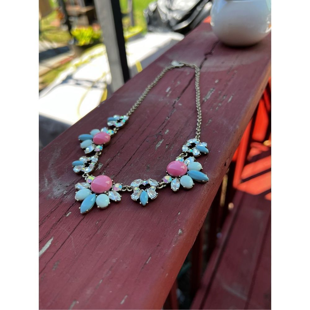 Pink Blue Flower Floral Necklace Bib Vintage  Silver Tone Lobster Hook Chain